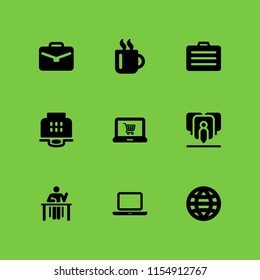 9 desktop icons in vector set. mug, portfolio, laptop and open laptop computer illustration for web and graphic design