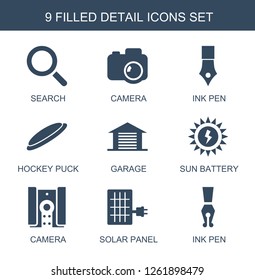 9 detail icons. Trendy detail icons white background. Included filled icons such as search, camera, ink pen, hockey puck, garage, sun battery. detail icon for web and mobile.