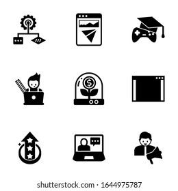 9 development filled icons set isolated on white background. Icons set with Algorithm, Landing page, Open Source, graphic designer, Business incubator, software, level up icons.