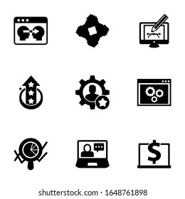 9 Development Filled Icons Set Isolated On White Background. Icons Set With Information Architecture, Start-up Team, Webdesign, Level Up, Skill, Back End, Marketing Analytics Icons.