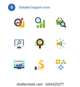 9 diagram flat icons set isolated on . Icons set with Productivity, Semantic Analysis, Marketing research, analytics app, Marketing analytics, Advertising Networks, statistics icons.
