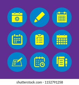 9 diary icons in vector set. pen, checklist on a paper with a pencil, calendar and notepad illustration for web and graphic design