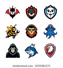 9 difference animals mascot logo of a eagle,Lion,dragon,Shark,Octopus,Bee,Wolf.etc