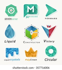 9 Different abstract polygonal geometric logo element design for modern business. Vector illustration