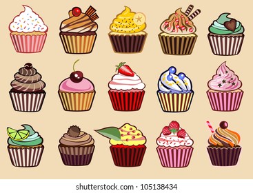 9 different colorful delicious cupcakes vector illustration