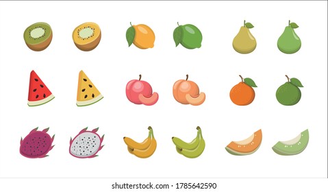 9 different colors of fruits isolated on white background
