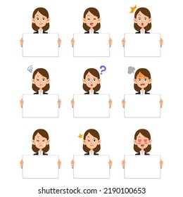 9 different facial expressions of a business woman holding a whiteboard