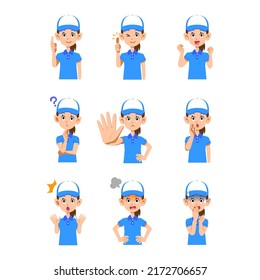 9 different facial expressions and poses for the upper body of a female staff member wearing a short-sleeved polo shirt and a hat