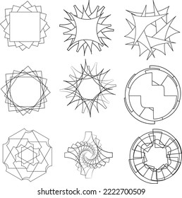 9 verschiedene geometrische Ornamente. Schwarze Rahmentechnik. Vektorgrafik.
