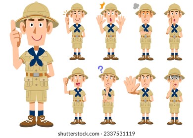 9 different gestures and facial expressions of men in explorer clothes