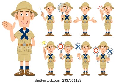 9 different gestures and facial expressions of men in explorer clothes