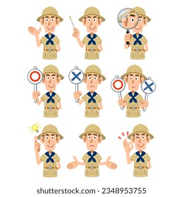 9 different gestures and facial expressions of a man dressed as an explorer upper body
