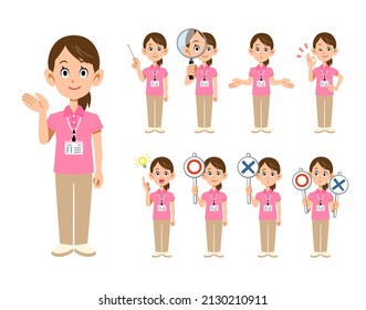 9 Different Poses And Facial Expressions Of Female Staff Wearing Short-sleeved Polo Shirts And Name Tags 2