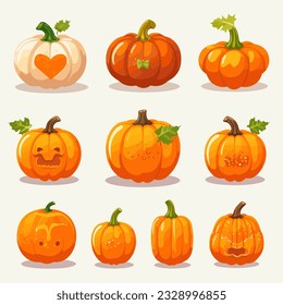 9 different shaped round pumkin flat design vector white background
