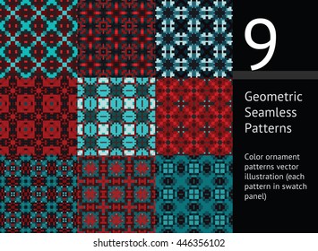 9 different vector seamless patterns. Endless texture can be used for pattern fills, web page background, surface textures, package design, cloth design, printing.