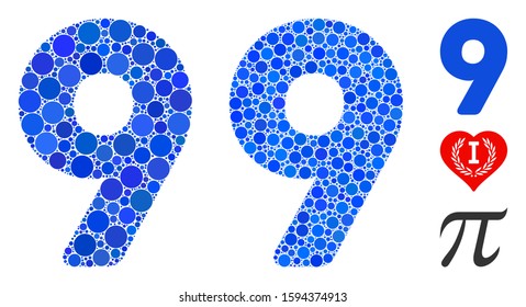 9 digit mosaic of small circles in variable sizes and color tones, based on 9 digit icon. Vector random circles are united into blue collage. Dotted 9 digit icon in usual and blue versions.