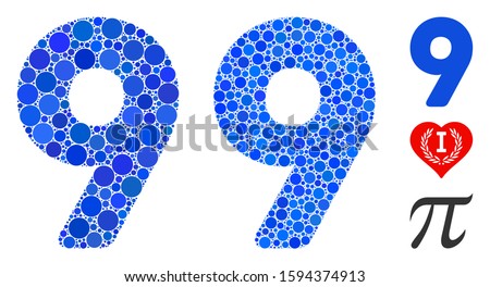 9 digit mosaic of small circles in variable sizes and color tones, based on 9 digit icon. Vector random circles are united into blue collage. Dotted 9 digit icon in usual and blue versions.