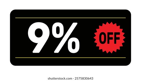 9% discount tag icon vector Black, white and rad design rectangular shape