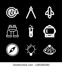 9 discovery icons with spacecraft and idea in this set