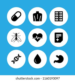 9 disease icons in vector set. mosquito, dna, anatomy and pill illustration for web and graphic design