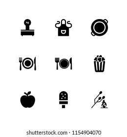 9 dish icons in vector set. popcorn, dinner, food and restaurant and cook illustration for web and graphic design