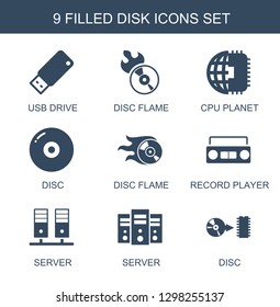 9 disk icons. Trendy disk icons white background. Included filled icons such as usb drive, disc flame, CPU planet, disc, record player, server. disk icon for web and mobile.