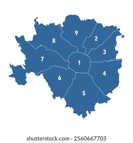 The 9 districts or 'Municipi' of Milan city in Italy