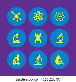 9 dna icons in vector set. molecule, microscope, biology and research illustration for web and graphic design