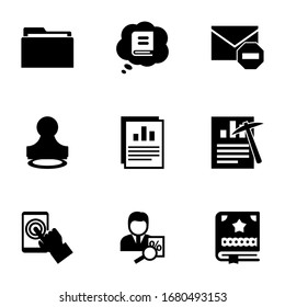 9 document filled icons set isolated on white background. Icons set with Folder, Knowledge, Spam, Stamp, Annual report, Data mining, testing, tax consultant, Scrapbooking icons.