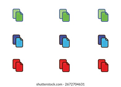 9 ícones de documento em um plano de fundo branco, cada um com duas folhas sobrepostas. Linhas em verde, azul e vermelho, com sombreamento de tons duplos.