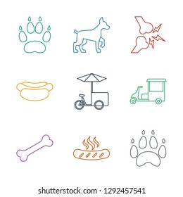 9 dog icons. Trendy dog icons white background. Included line icons such as paw, sausage, bone, fast food cart, hot dog, broken leg or arm, animal paw. icon for web and mobile.