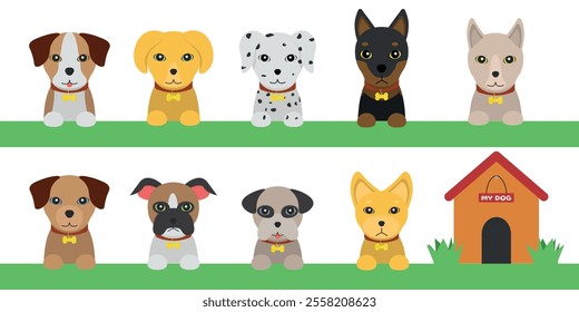 9 Dogs Lying Down and House Illustrations - Brown, White, Stray, Dalmatian, Doberman, Bulldog, Pug  and Pinscher. Cartoon in Flat Design.