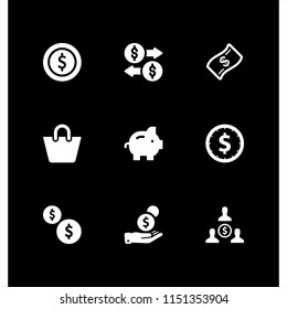 9 dollar icons in vector set. money, shopping purse icon, exchange and cash illustration for web and graphic design