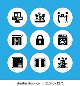 9 door icons in vector set. lock, hotel, flowers pot of yard and washing machine illustration for web and graphic design