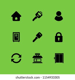 9 door icons in vector set. lock, locker, black male user symbol and key illustration for web and graphic design