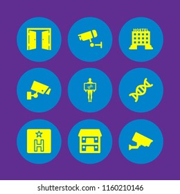 9 double icons in vector set. cctv, hostel, exit and dna illustration for web and graphic design