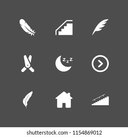 9 down icons in vector set. stair, house, feather and hobbies and free time illustration for web and graphic design