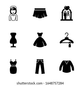 9 dress filled icons set isolated on white background. Icons set with bride, skirt, wedding ceremony, sewing mannequin, bride dress, Clothes, jeans, blouse icons.