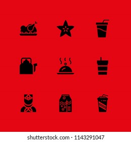 9 drink icon set with kettle, room service and roast chicken vector illustration for graphic design and web