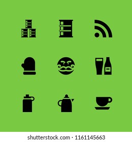 9 drink icons in vector set. rich, coffe cup outline, mitten and blog illustration for web and graphic design