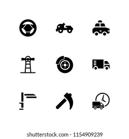 9 driving icons in vector set. brake, truck, steering wheel and farm tractor illustration for web and graphic design