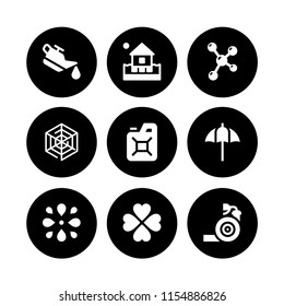 9 drop icons in vector set. oil, molecule, umbrella and spider web illustration for web and graphic design