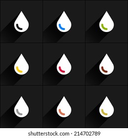 9 drop set (milk, water, eco, oil, blood, chocolate, silver, copper, gold) in flat simple style. White, blue, green, yellow, crimson, brown, gray colors and long black shadow on gray background