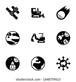9 earth filled icons set isolated on white background. Icons set with space station, bulldozer, asteroid, planet, excavator, space, space exploration, globe, Global education icons.