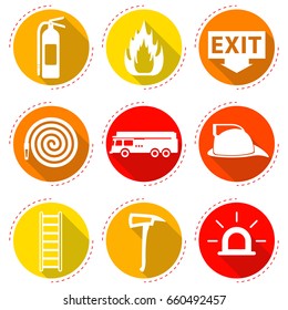 9 Easy-To-Use Fire Fighter Flat Icons Designed as Red & Yellow Theme With Long Shadow