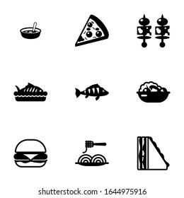 9 Eat Filled Icons Set Isolated On White Background. Icons Set With Soup, Pizza, Starters, Baked Fish, Perch, Salad, Burger, Pasta, Sandwich Icons.