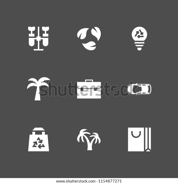 9 eco icons in\
vector set. bulb, chemistry, island and eco bag illustration for\
web and graphic design