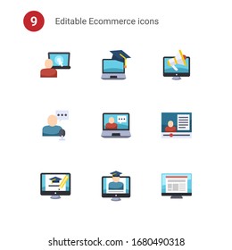 9 ecommerce flat icons set isolated on . Icons set with eCommerce platform, eCommerce, Digital marketing, online store, solutions, marketing, online business icons.