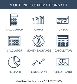 9 economy icons. Trendy economy icons white background. Included outline icons such as calculator, chart, check, calclator, money exchange, pie chart. economy icon for web and mobile.