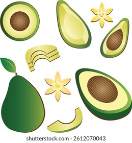 9 editable avocado vectors: sliced, without pit, with pit, whole green avocado, 2 decorative flowers, group of 3 pieces, and 1 extra piece. Transparent background, perfect for design, web and print.